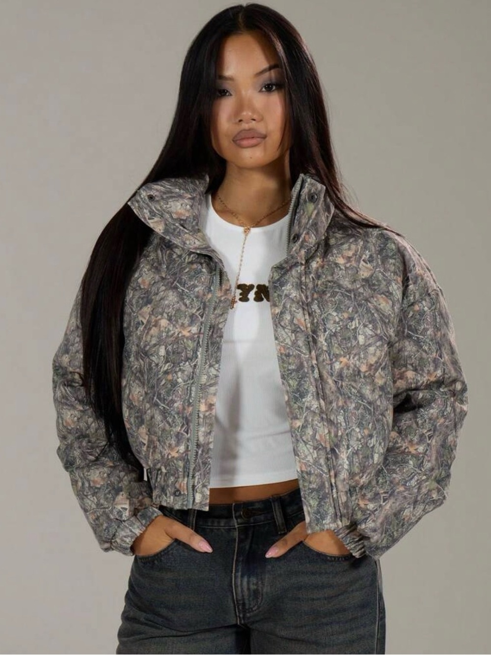 Quilted Cropped Puffer Jacket in Stone Camo